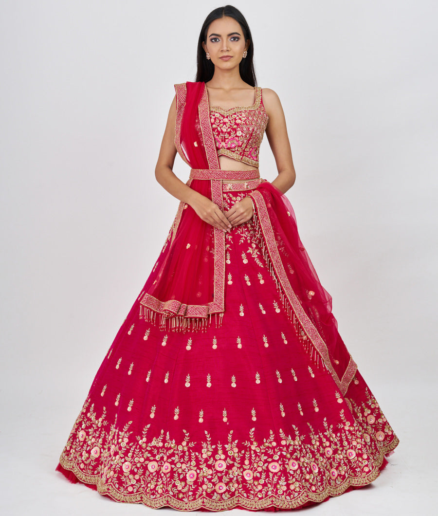 Rani Sequins With Cutdana And Zardosi And Jarkan Stone Work  Lehenga