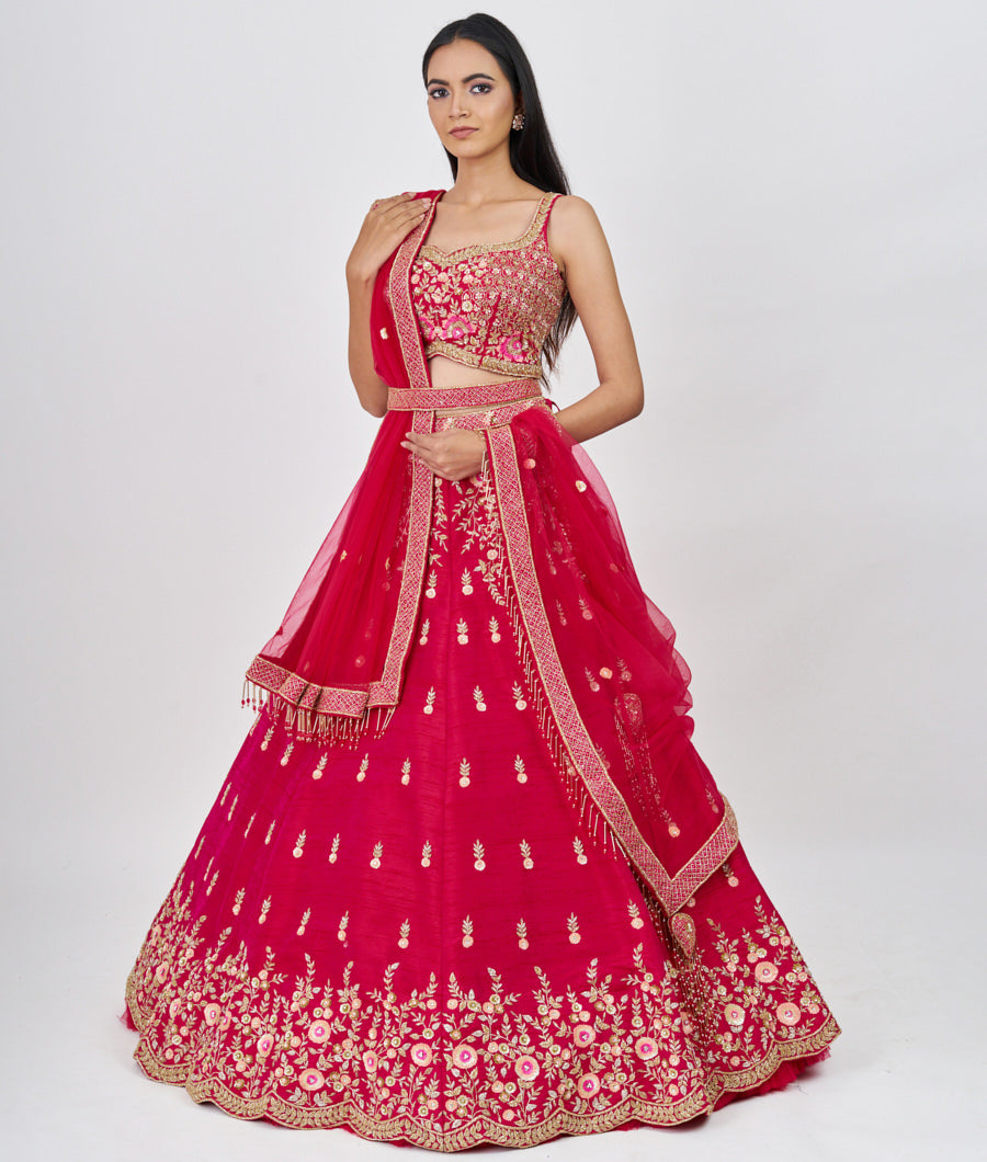 Rani Sequins With Cutdana And Zardosi And Jarkan Stone Work  Lehenga