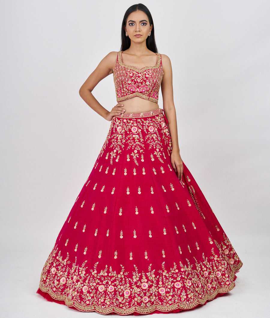 Rani Sequins With Cutdana And Zardosi And Jarkan Stone Work  Lehenga