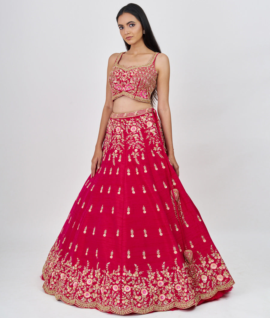 Rani Sequins With Cutdana And Zardosi And Jarkan Stone Work  Lehenga