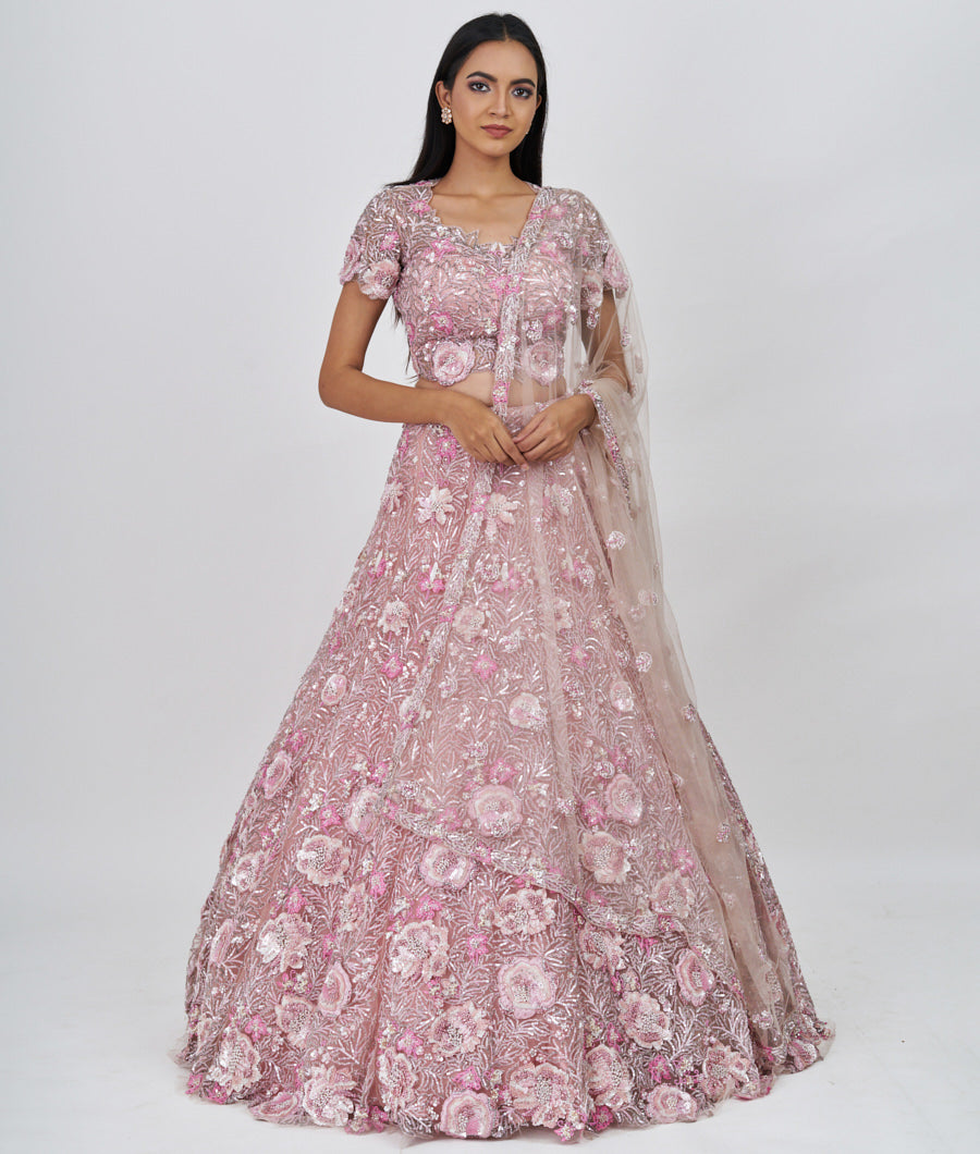 Pink Thread Embroidery With Pearl And Sequins And Cutdana And Jarkan Stone Work  Lehenga_KNG99606