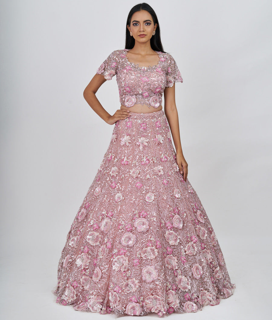 Pink Thread Embroidery With Pearl And Sequins And Cutdana And Jarkan Stone Work  Lehenga_KNG99606