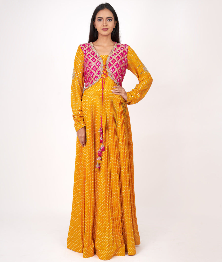 Mustrad-Rani Banarasi Cot With Sequins And Zardosi Work Indo Western Gown