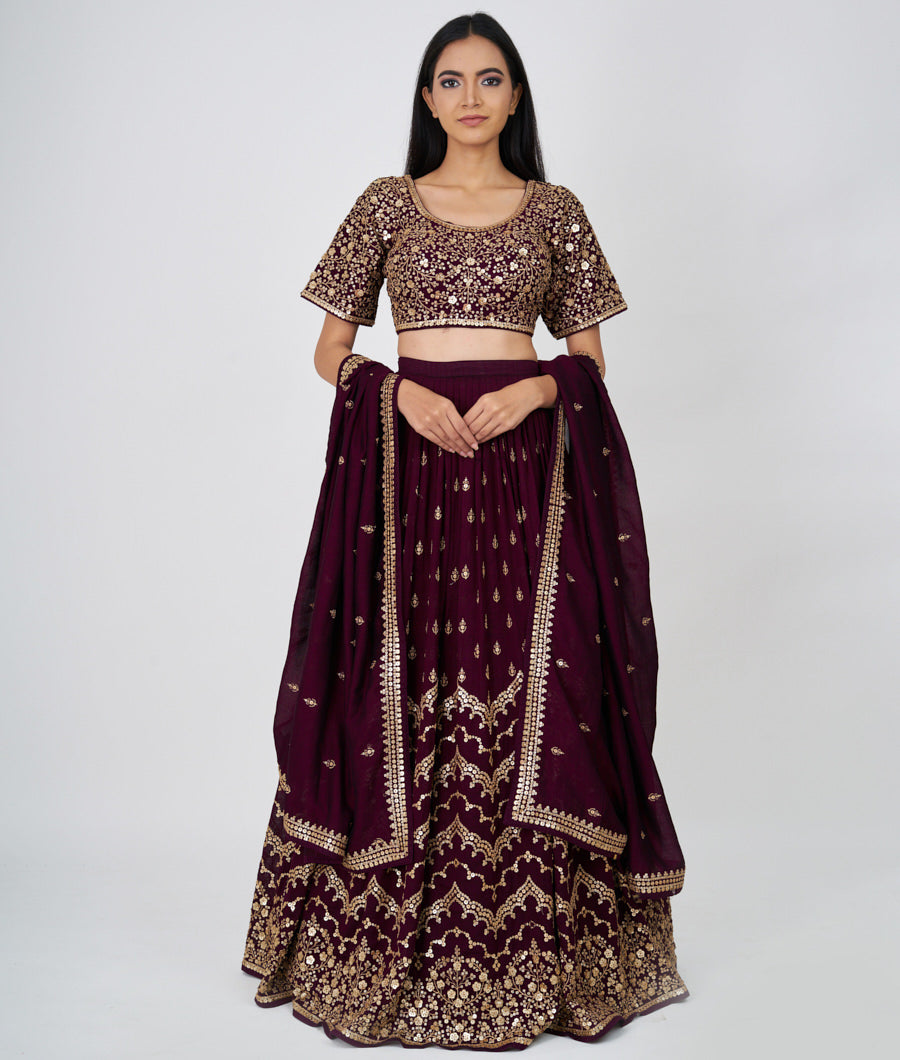 Wine Zari Embroidery With Sequins Work  Lehenga