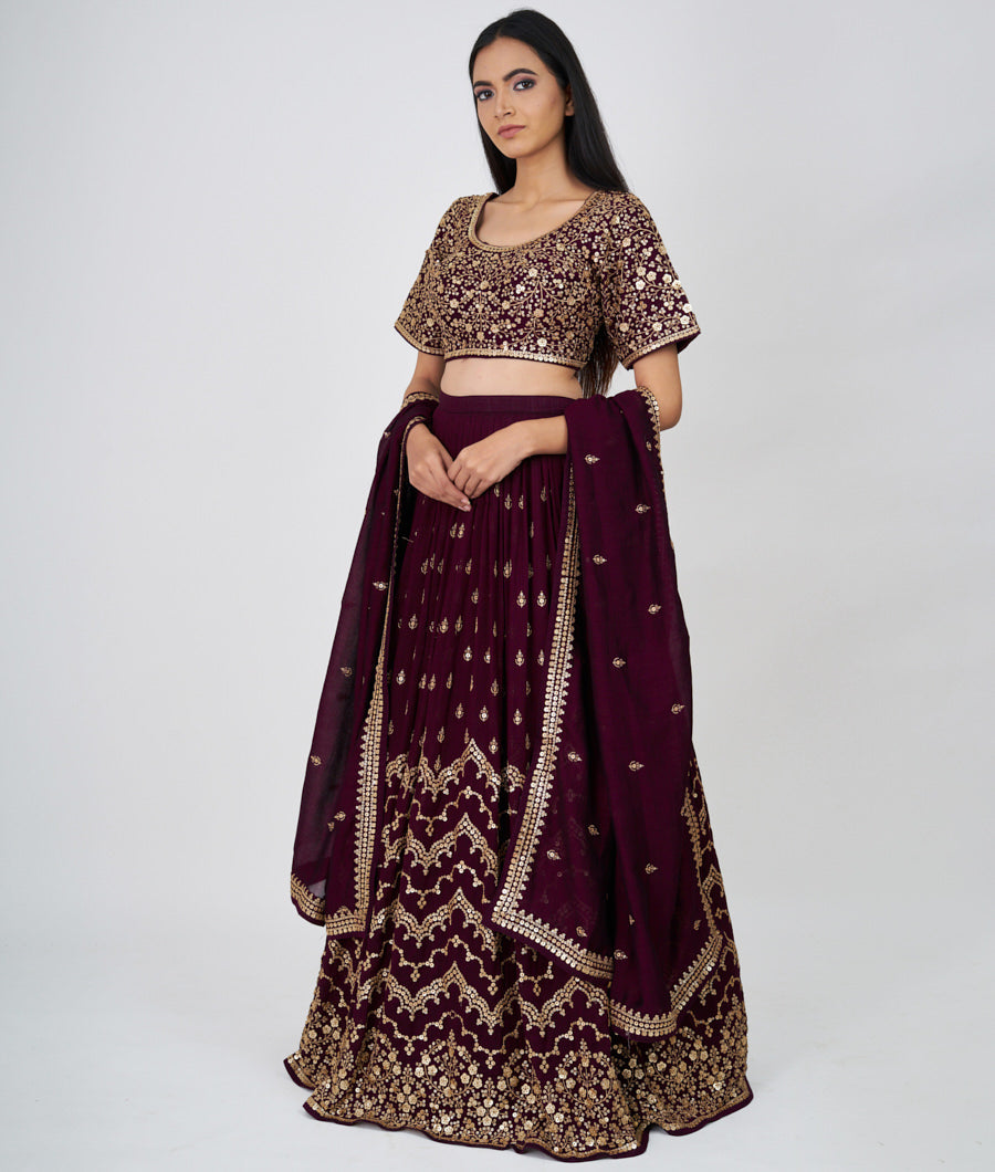 Wine Zari Embroidery With Sequins Work  Lehenga