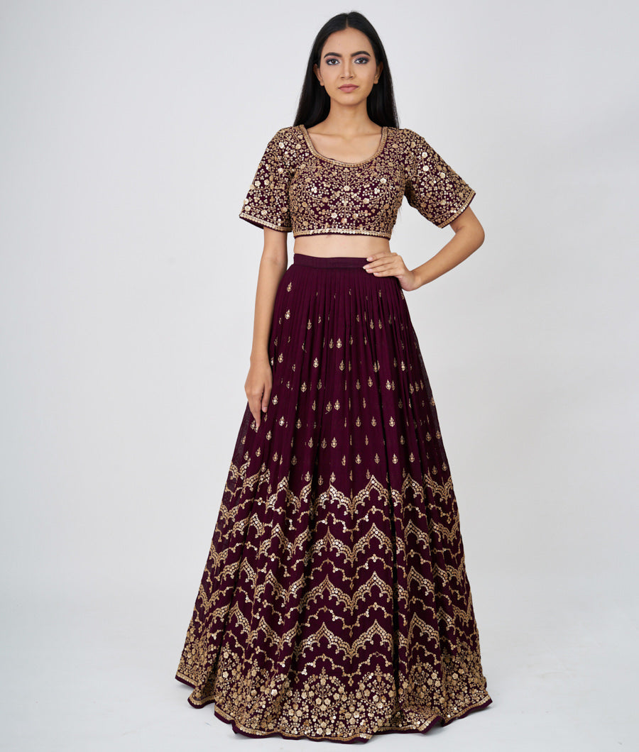 Wine Zari Embroidery With Sequins Work  Lehenga