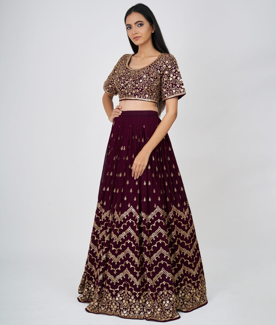 Wine Zari Embroidery With Sequins Work  Lehenga