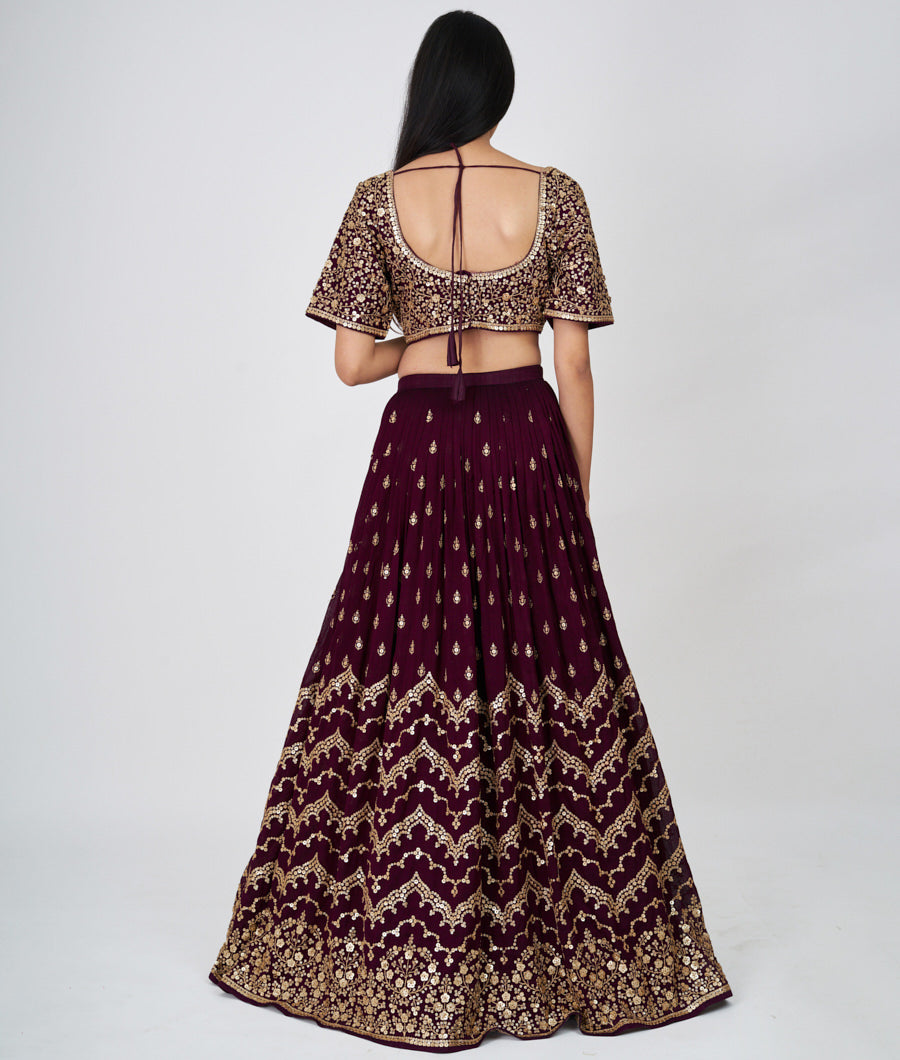 Wine Zari Embroidery With Sequins Work  Lehenga