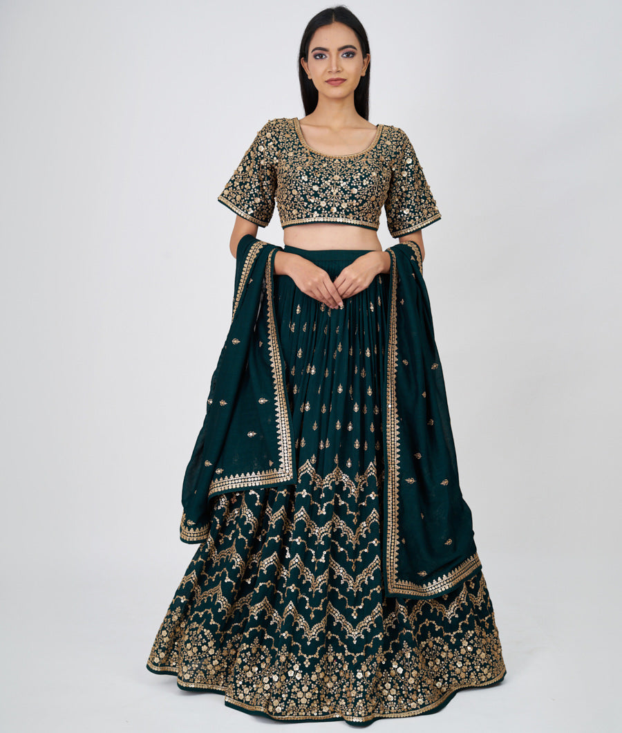 Bottle Green Zari Embroidery With Sequins Work  Lehenga_KNG99696