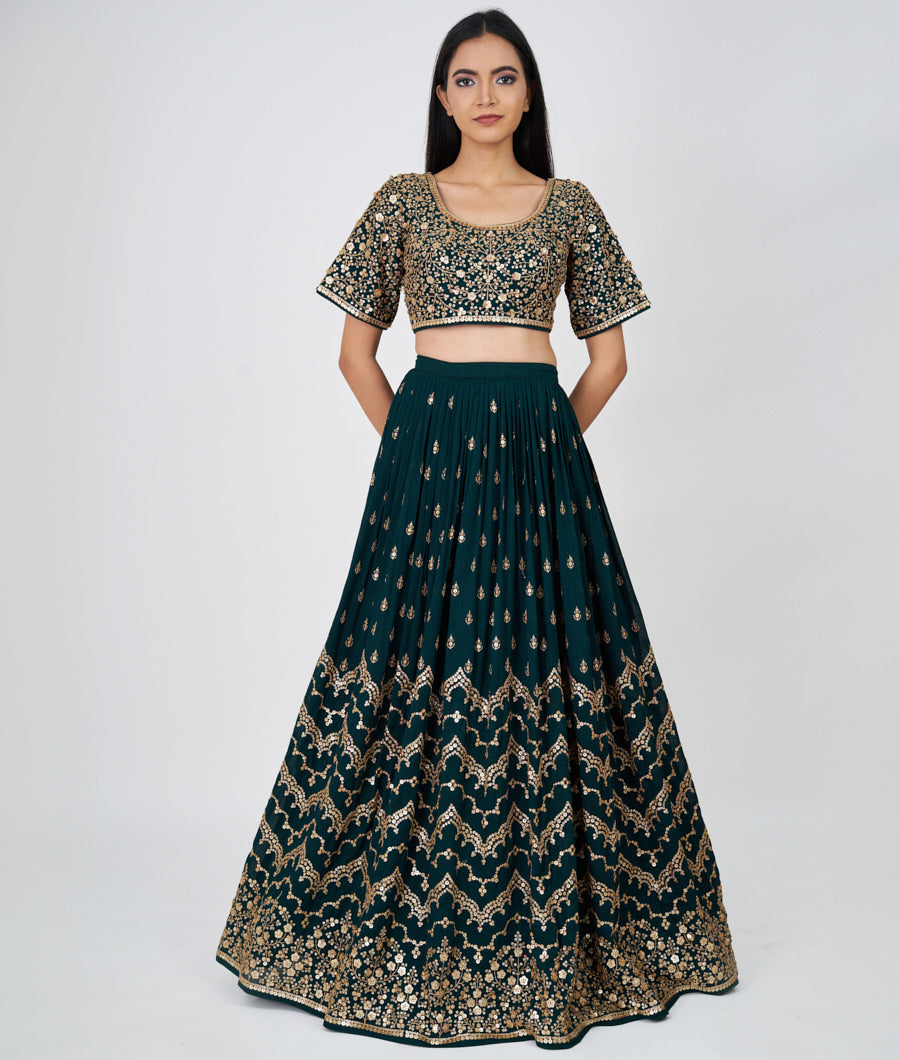 Bottle Green Zari Embroidery With Sequins Work  Lehenga_KNG99696