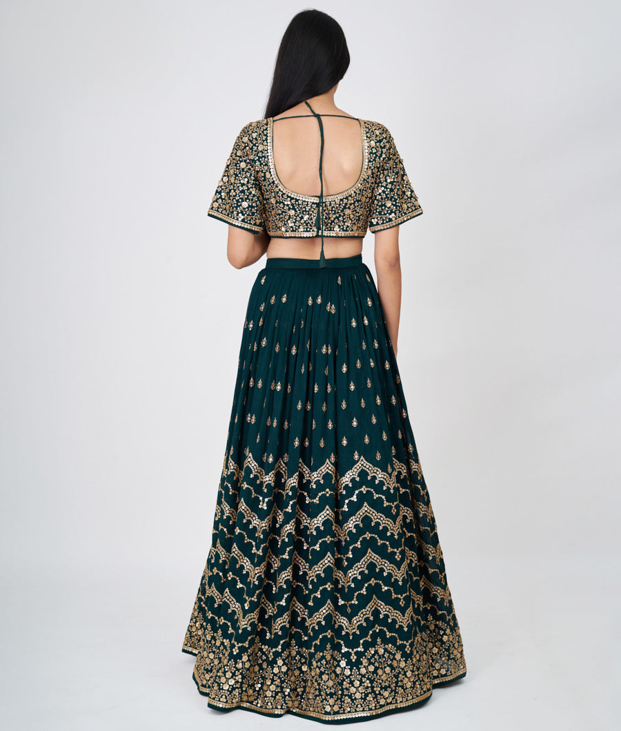 Bottle Green Zari Embroidery With Sequins Work  Lehenga_KNG99696