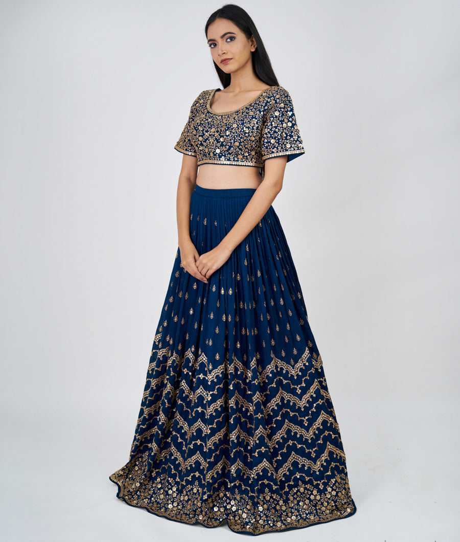 Blue Zari Embroidery With Sequins Work  Lehenga