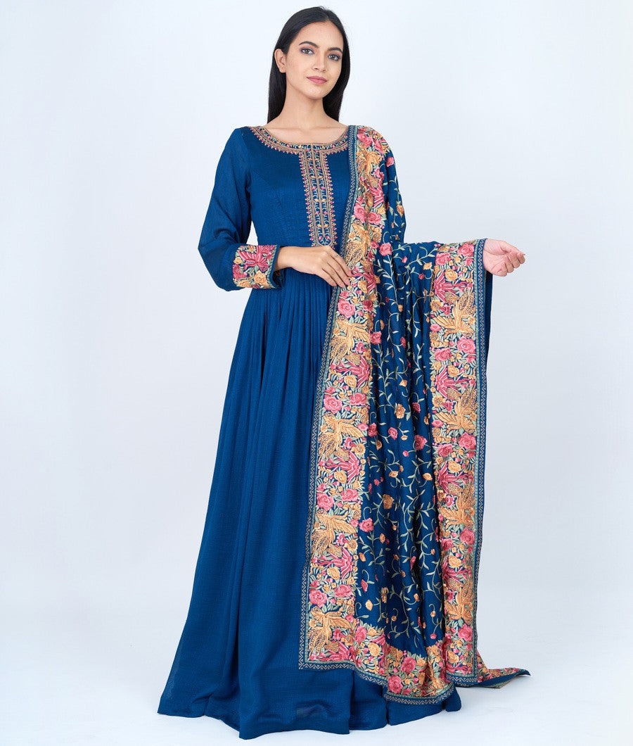 Peacock Blue Alover Multi Color Thread Embroidery With Stone Work Anarkali Gown