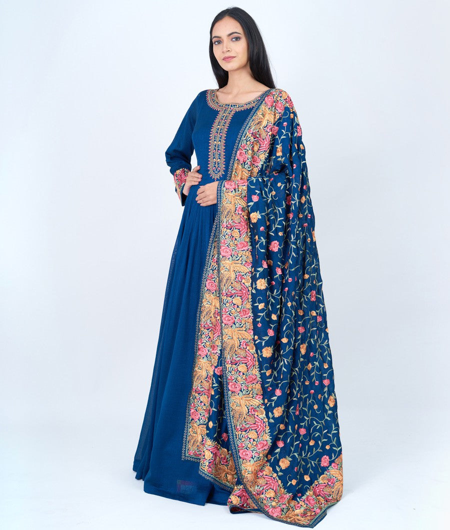 Peacock Blue Alover Multi Color Thread Embroidery With Stone Work Anarkali Gown