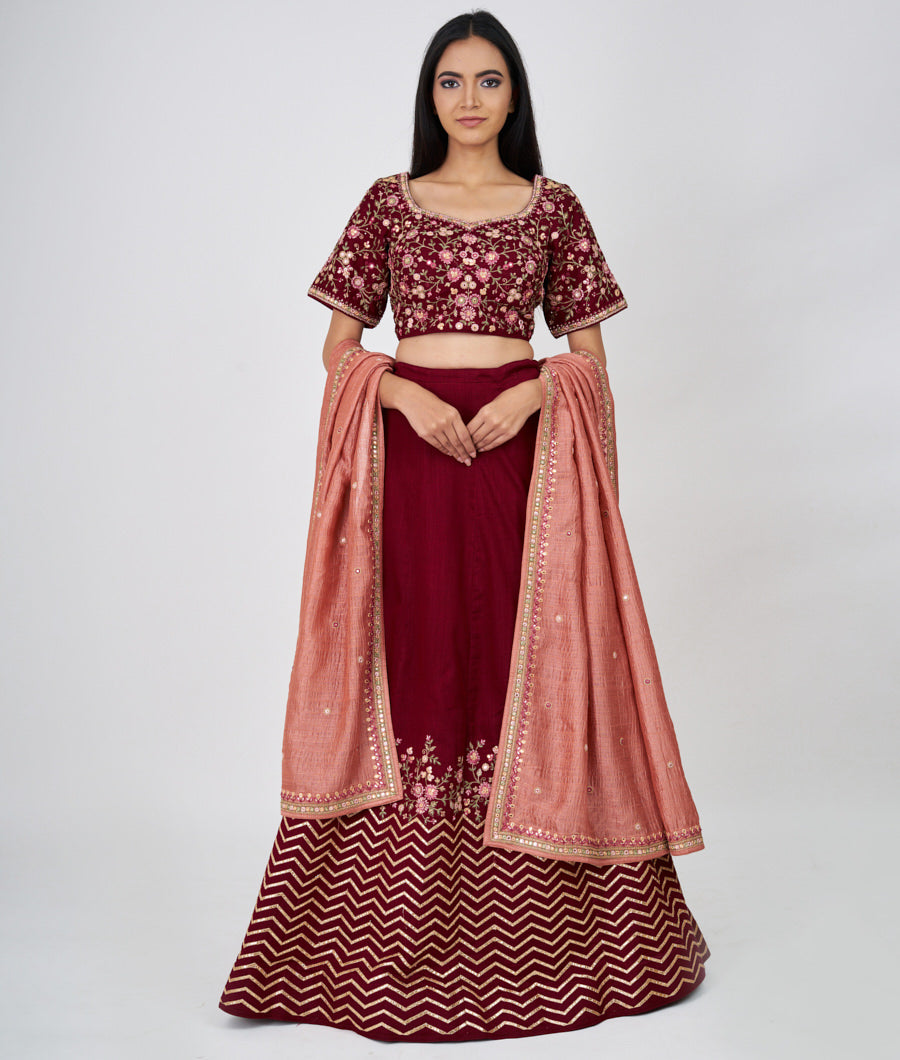 Maroon Multi Color Thread Embroidery With Gota Patti And Jarkan Work  Lehenga