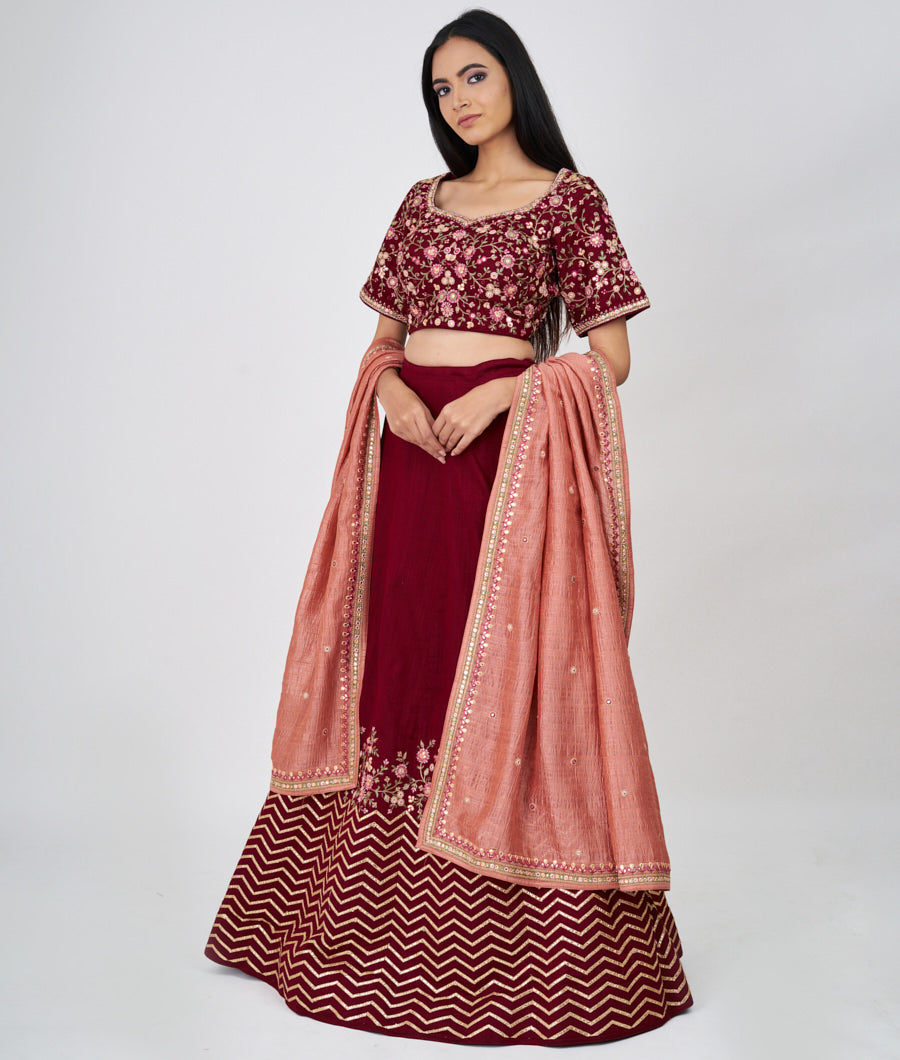 Maroon Multi Color Thread Embroidery With Gota Patti And Jarkan Work  Lehenga