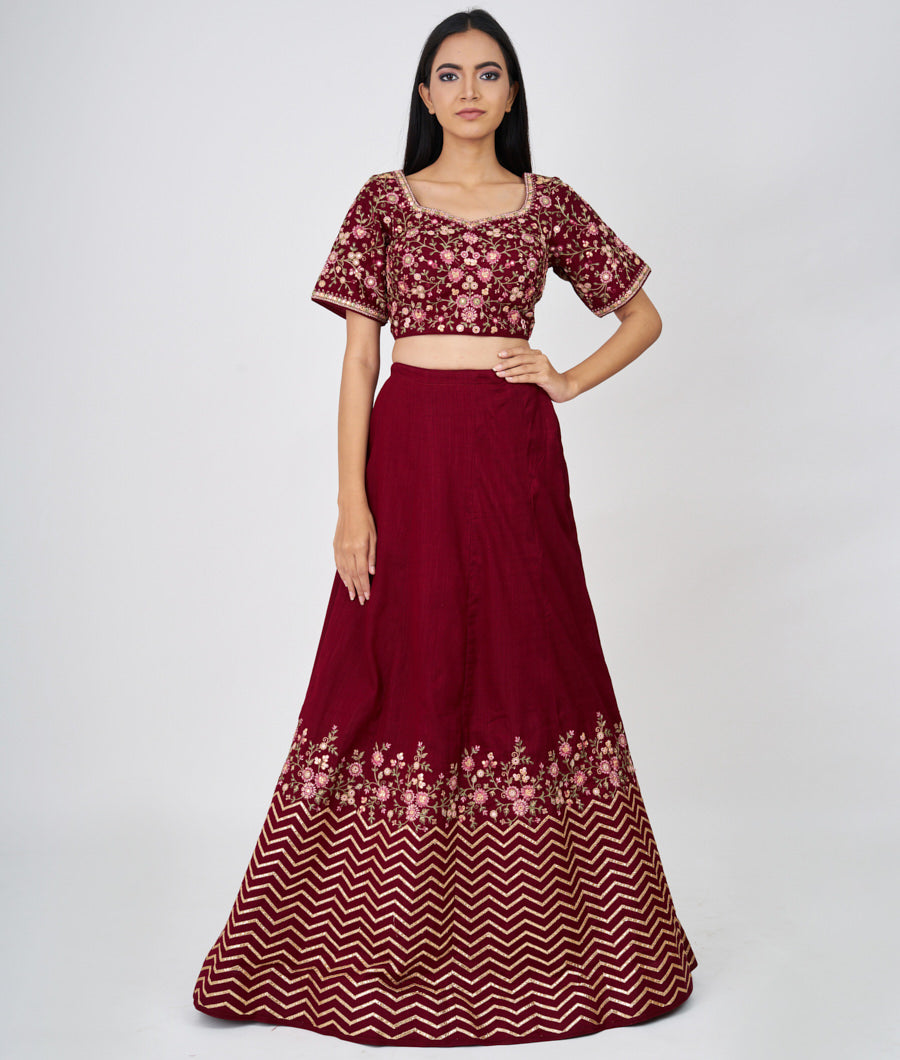 Maroon Multi Color Thread Embroidery With Gota Patti And Jarkan Work  Lehenga