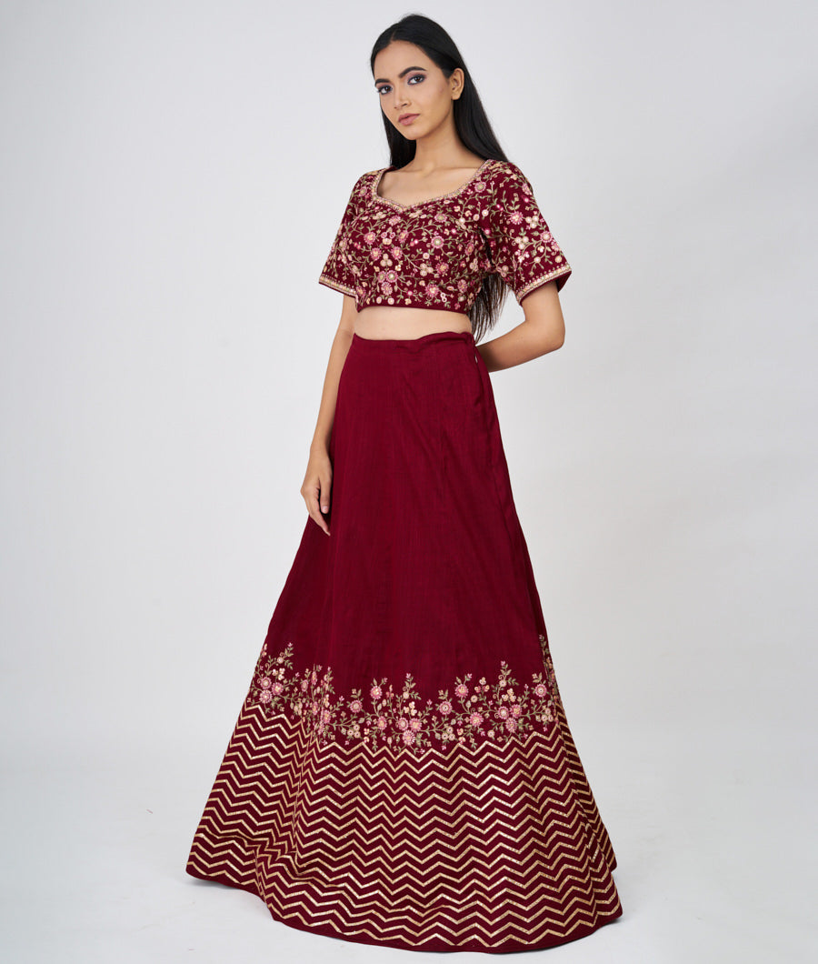 Maroon Multi Color Thread Embroidery With Gota Patti And Jarkan Work  Lehenga