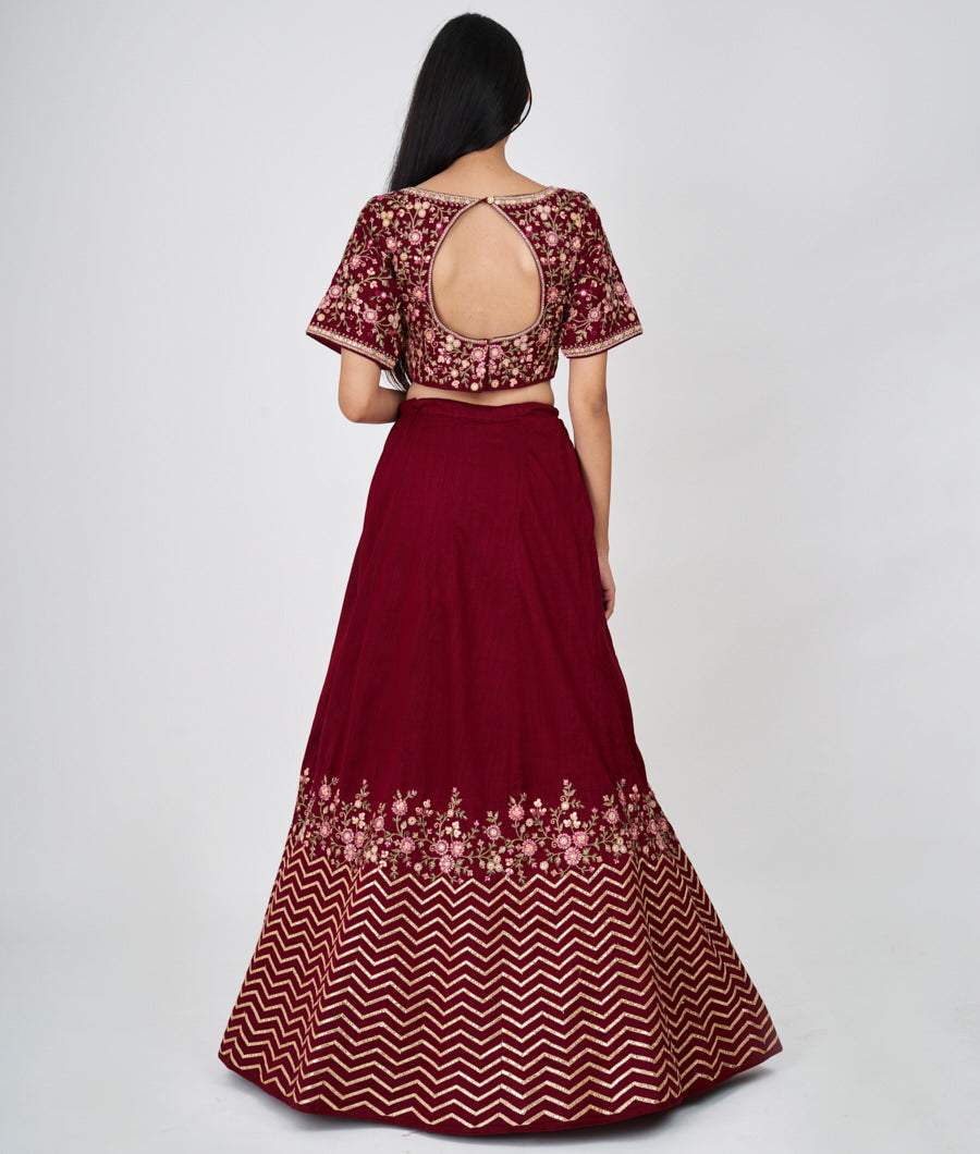 Maroon Multi Color Thread Embroidery With Gota Patti And Jarkan Work  Lehenga