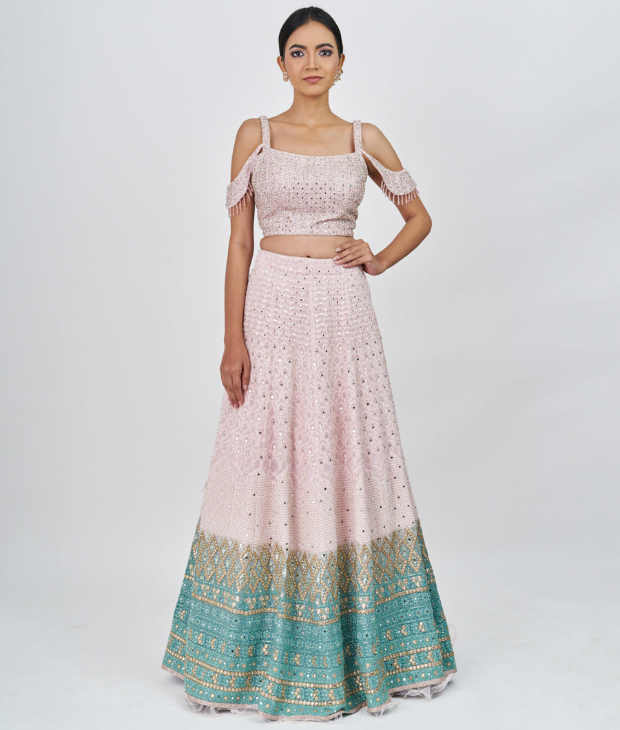 Pink/Green Locknow Embroidery With Sequins And Mirror And Jarkan Stone Work  Lehenga