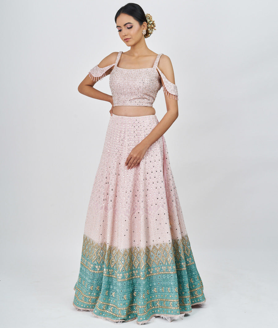 Pink/Green Locknow Embroidery With Sequins And Mirror And Jarkan Stone Work  Lehenga