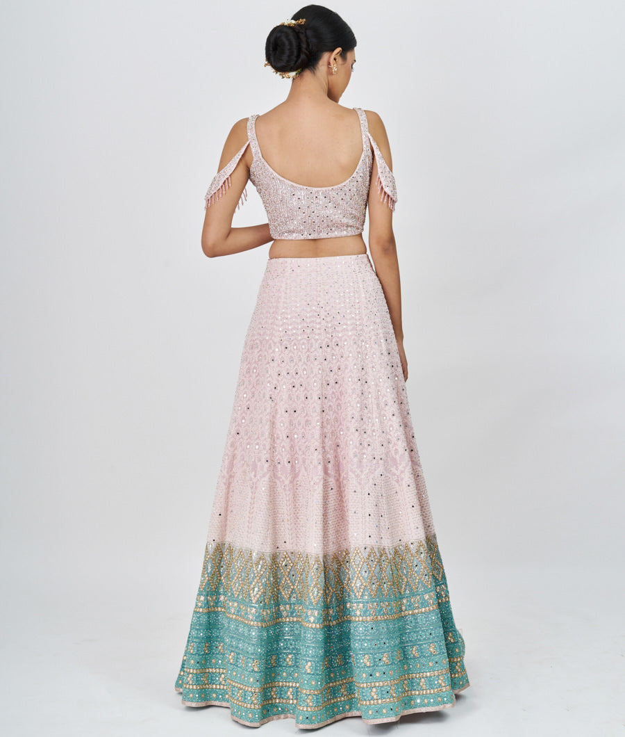 Pink/Green Locknow Embroidery With Sequins And Mirror And Jarkan Stone Work  Lehenga