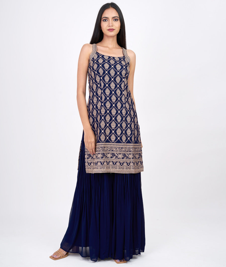 Navy Blue Thread Embroidery Work Straight Cut Top With Palazzo Set Salwar Kameez