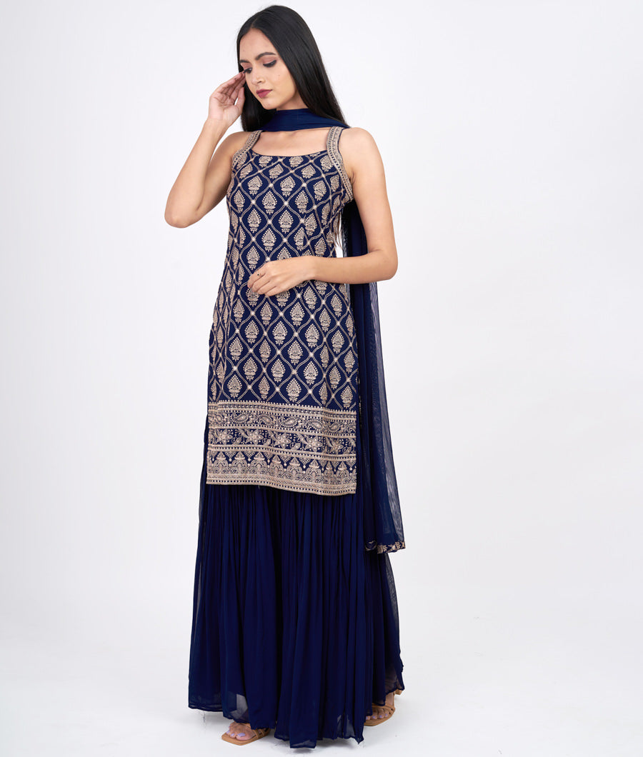 Navy Blue Thread Embroidery Work Straight Cut Top With Palazzo Set Salwar Kameez