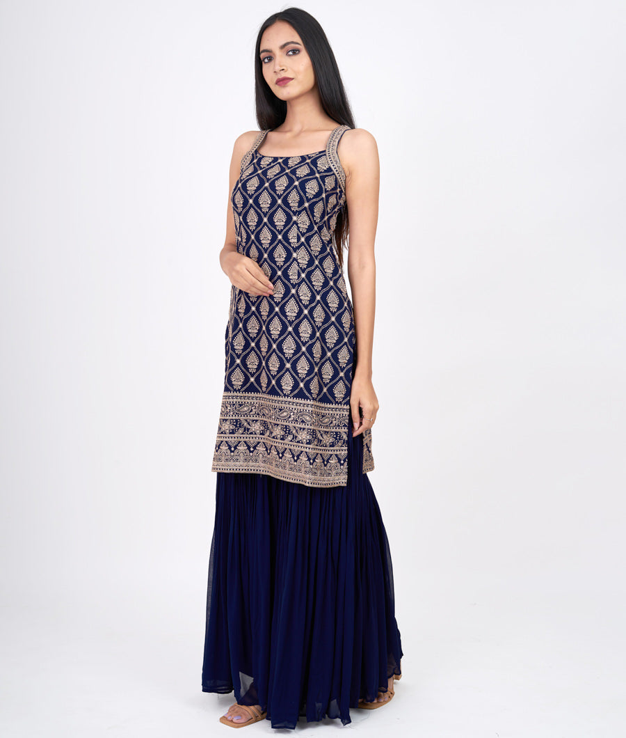 Navy Blue Thread Embroidery Work Straight Cut Top With Palazzo Set Salwar Kameez