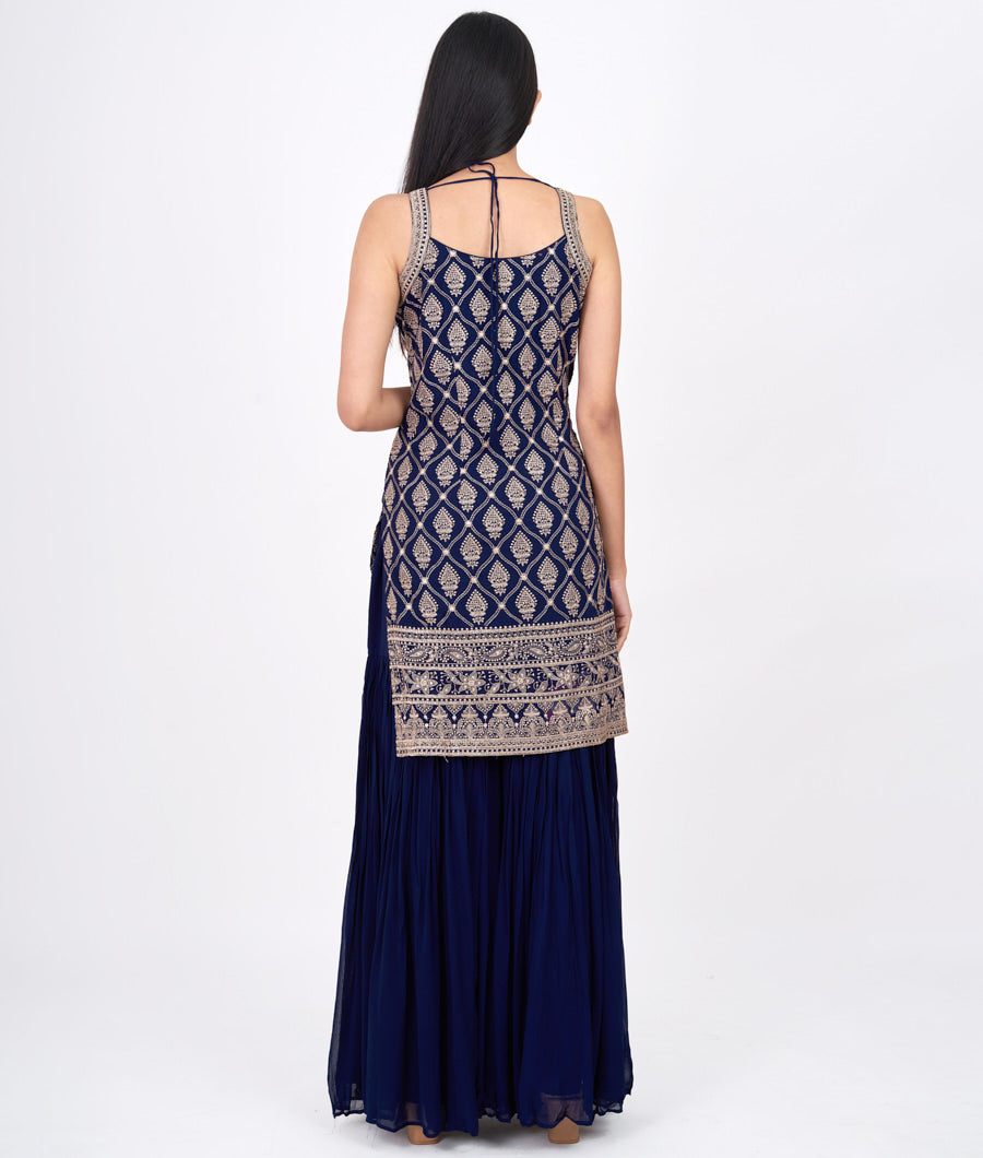 Navy Blue Thread Embroidery Work Straight Cut Top With Palazzo Set Salwar Kameez