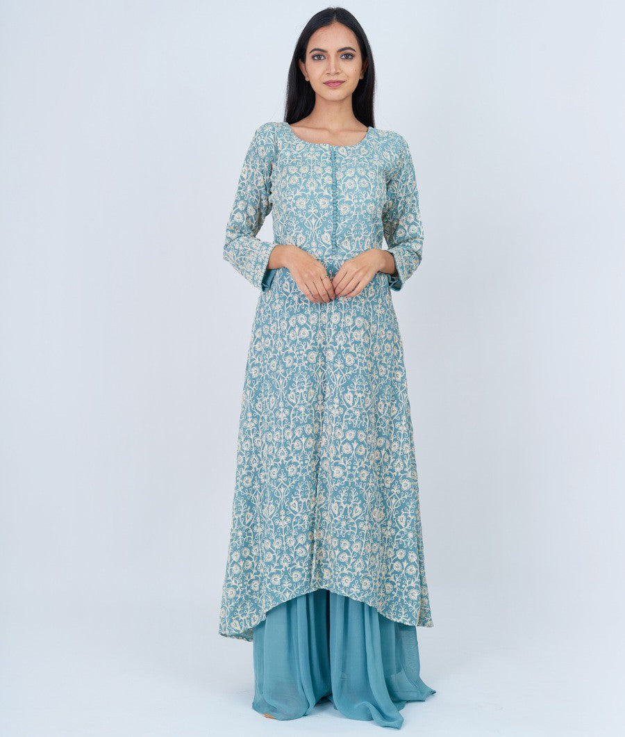 Aqua Thread Embroidery With Stone Work Indo Western Salwar Kameez_KNG99845