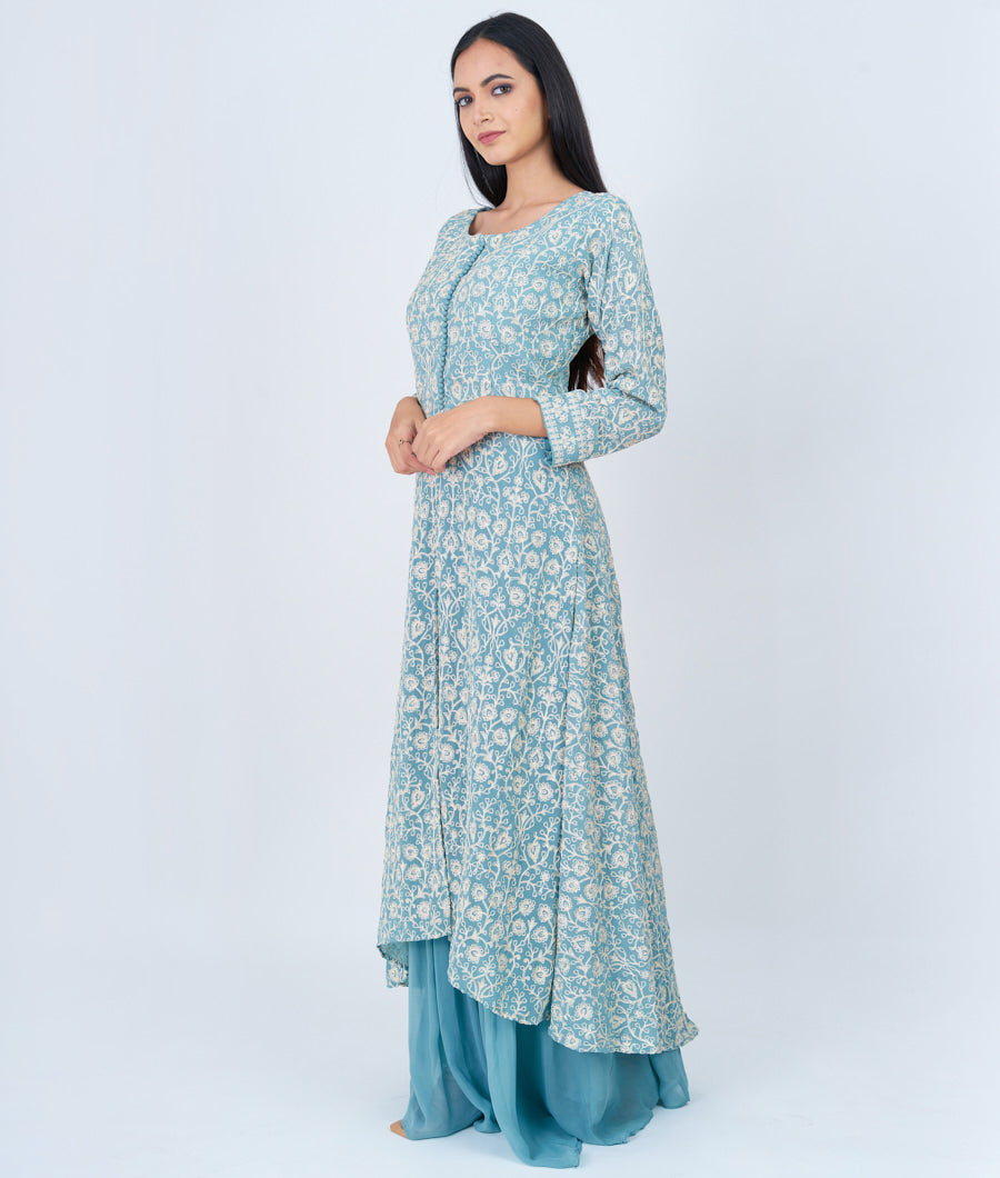 Aqua Thread Embroidery With Stone Work Indo Western Salwar Kameez_KNG99845