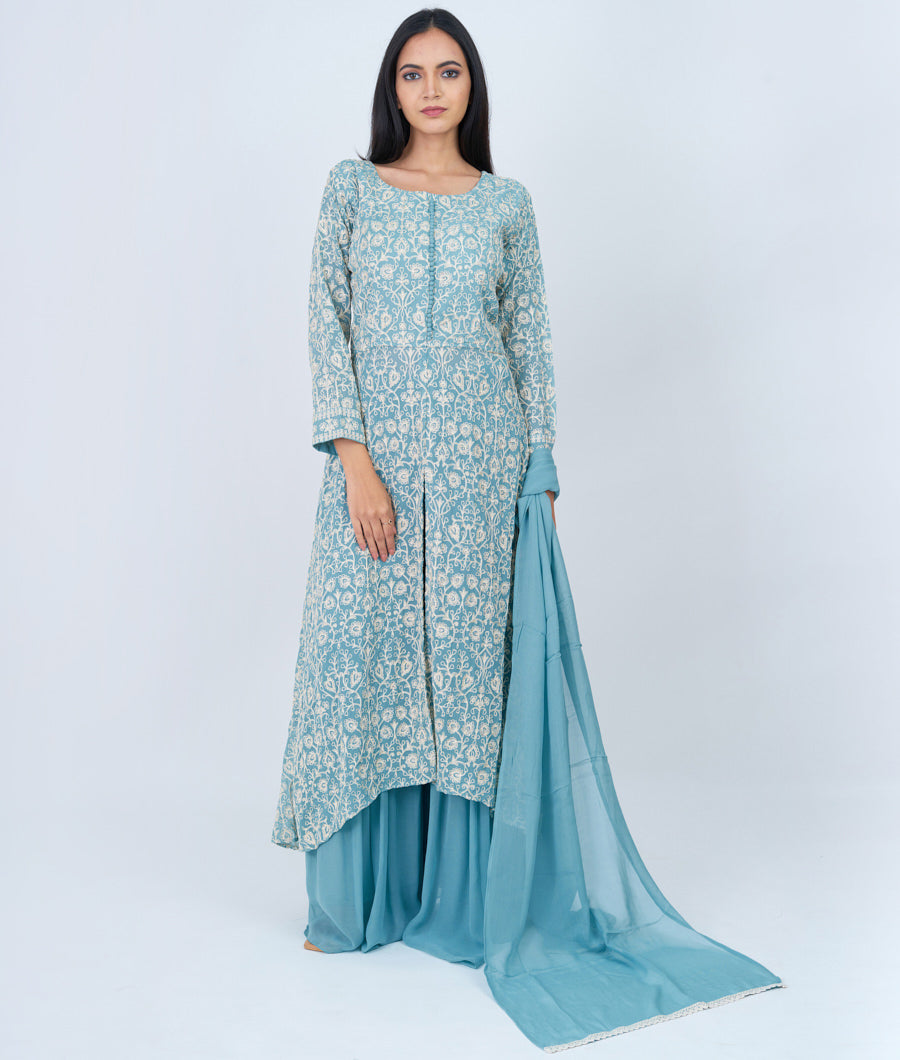 Aqua Thread Embroidery With Stone Work Indo Western Salwar Kameez_KNG99845