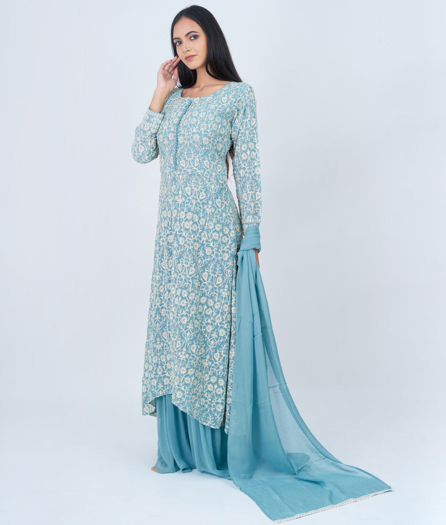 Aqua Thread Embroidery With Stone Work Indo Western Salwar Kameez_KNG99845