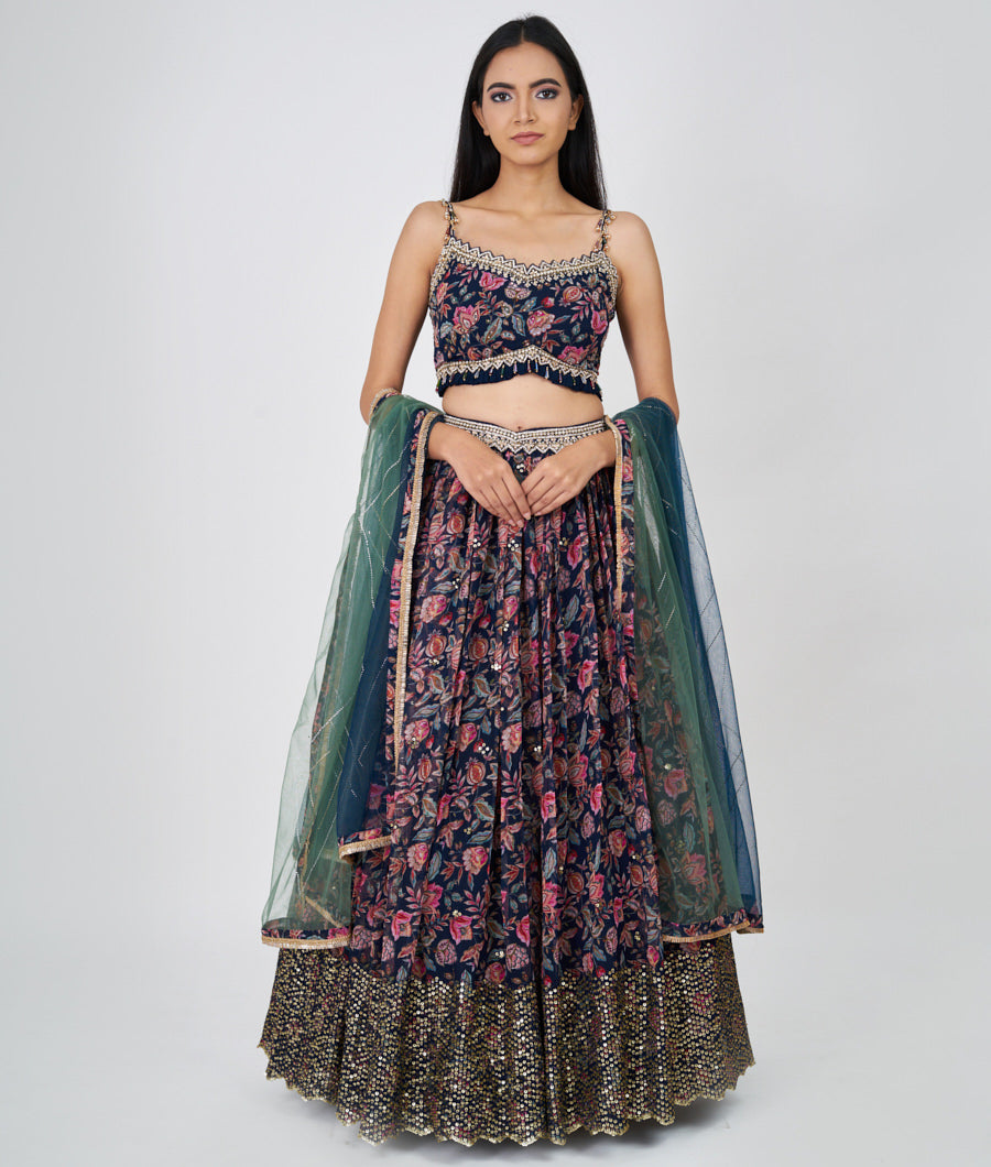 Navy Blue Floral Print With Cutdana And Sequins And Jarkan Work  Lehenga