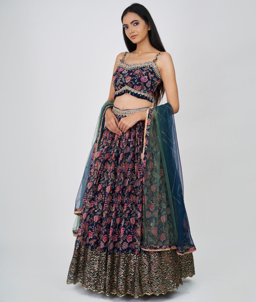 Navy Blue Floral Print With Cutdana And Sequins And Jarkan Work  Lehenga