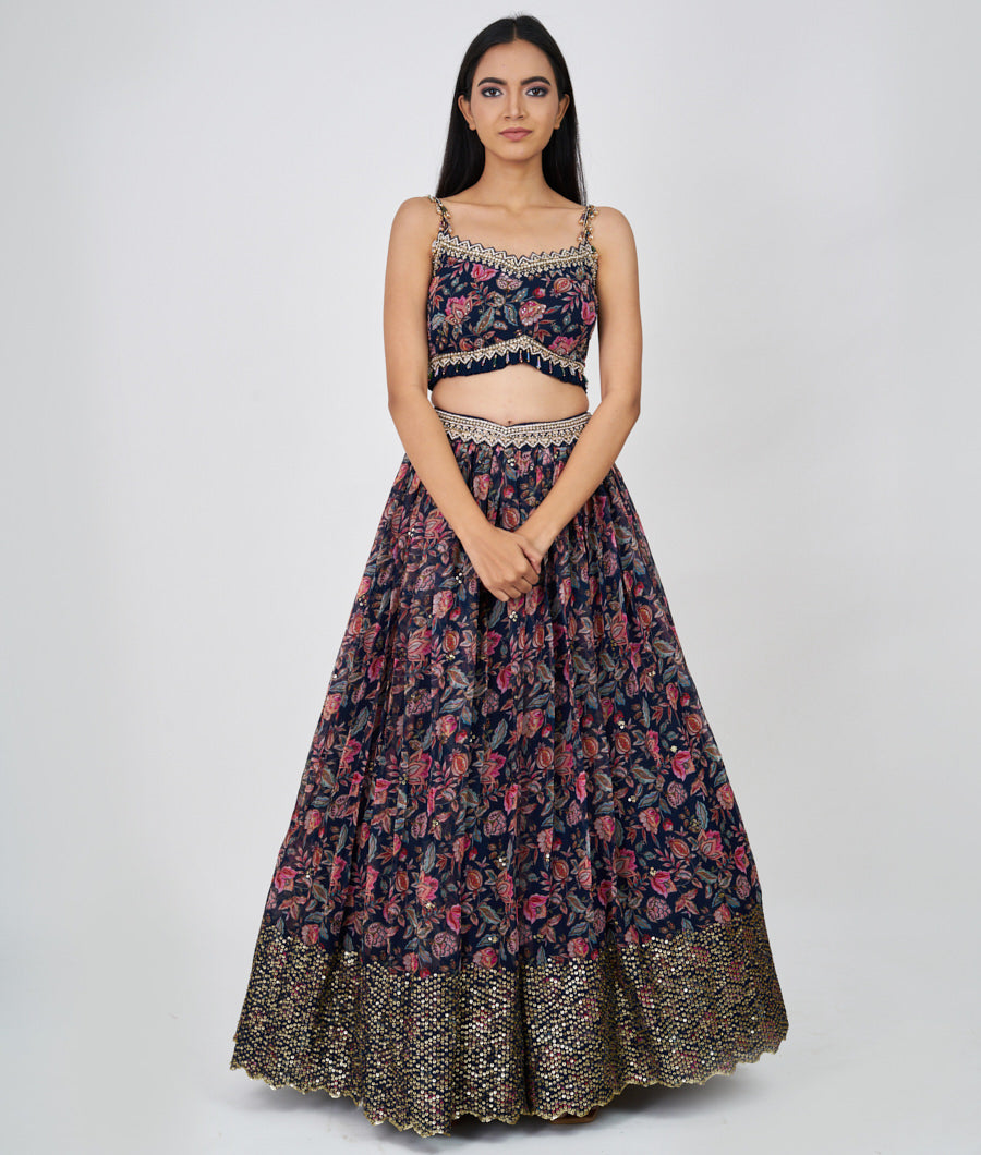 Navy Blue Floral Print With Cutdana And Sequins And Jarkan Work  Lehenga