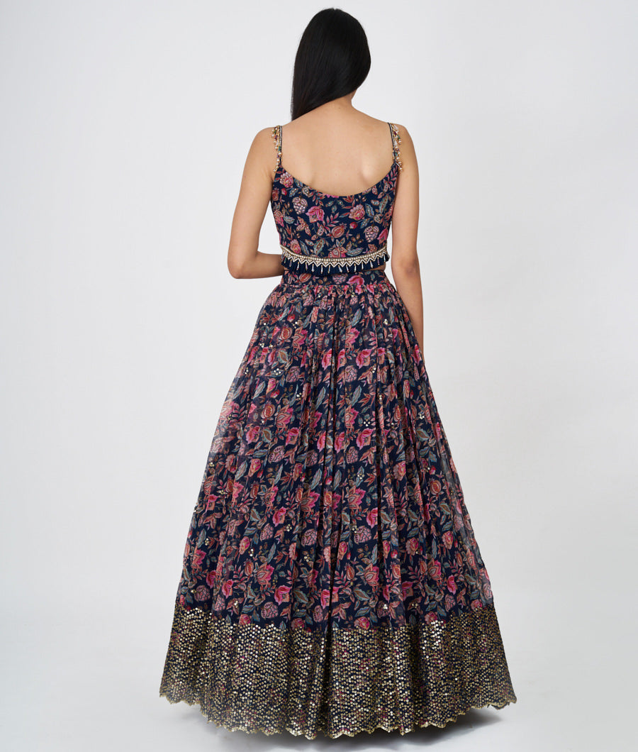 Navy Blue Floral Print With Cutdana And Sequins And Jarkan Work  Lehenga