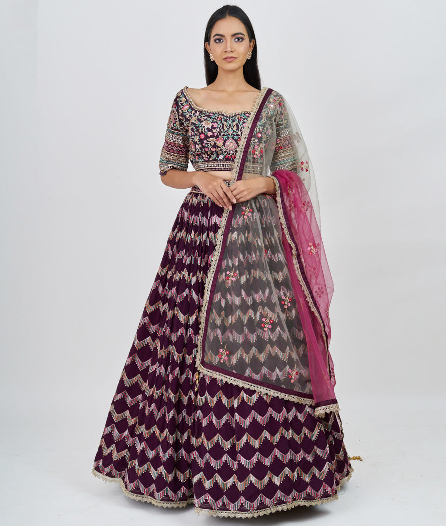 Wine Multi Color Thread And Zari Embroidery With Sequins And Zardosi And Jarkan Stone Work  Lehenga