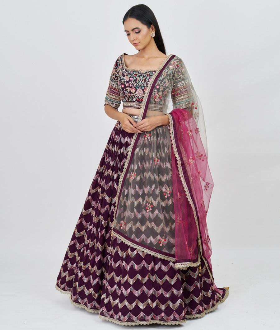 Wine Multi Color Thread And Zari Embroidery With Sequins And Zardosi And Jarkan Stone Work  Lehenga