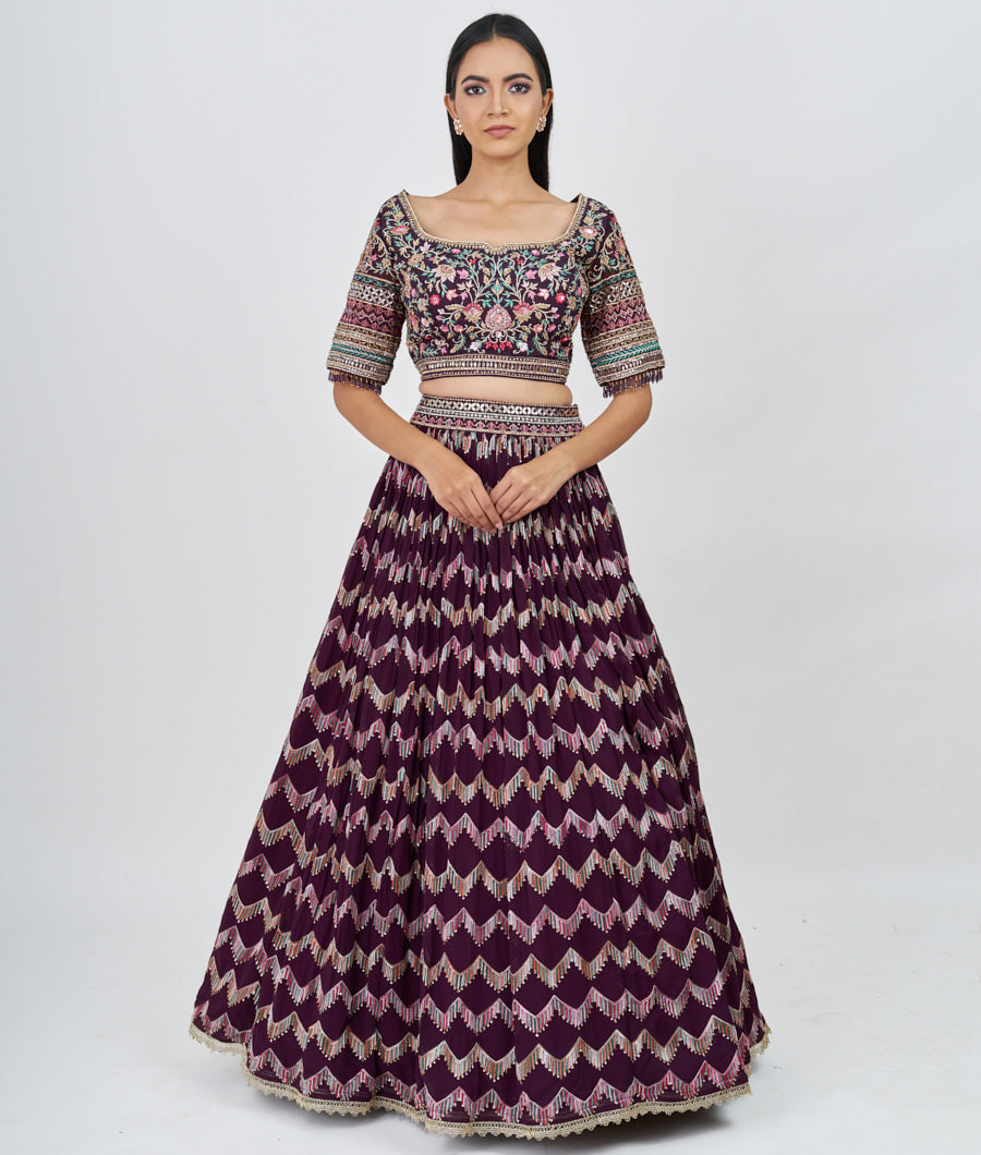 Wine Multi Color Thread And Zari Embroidery With Sequins And Zardosi And Jarkan Stone Work  Lehenga