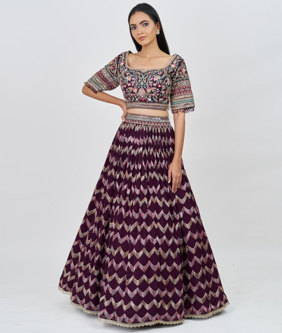 Wine Multi Color Thread And Zari Embroidery With Sequins And Zardosi And Jarkan Stone Work  Lehenga